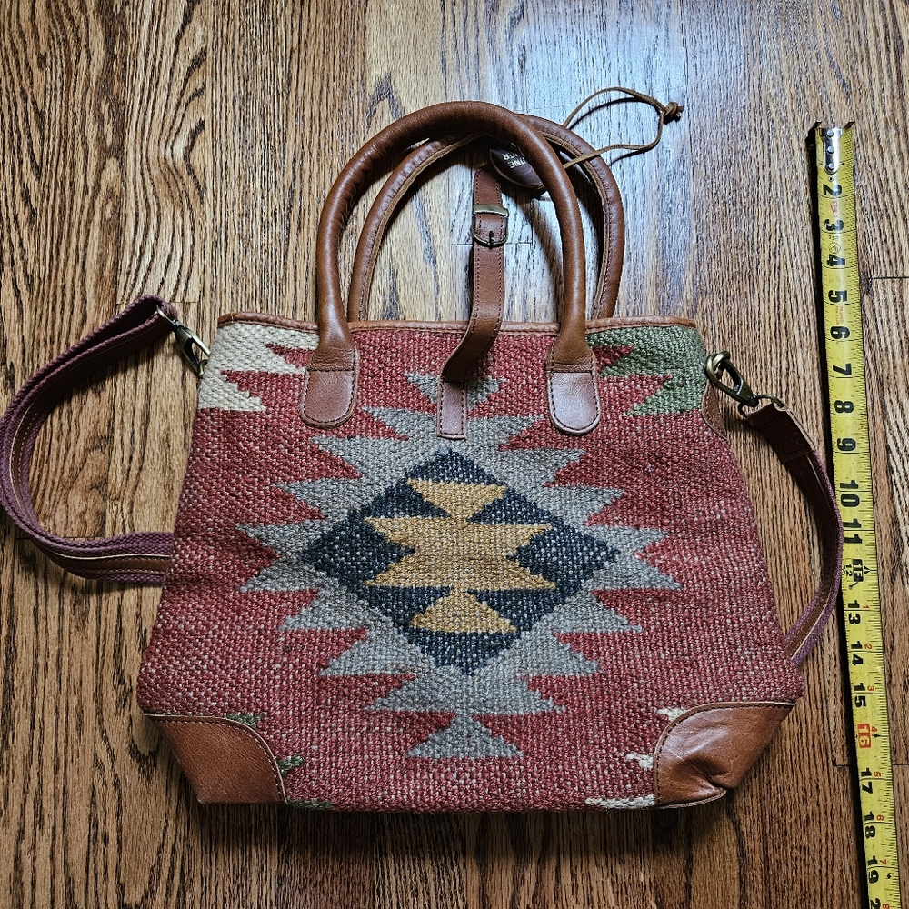 Handcrafted Jute & Leather Purse Aztec Shoulder Bag Medium Western Bohemian